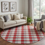 8' Red Gray And Ivory Plaid Washable Round Rug With UV Protection