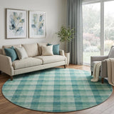 8' Aqua Ivory And Green Plaid Washable Round Rug With UV Protection