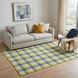5' X 8' Yellow Navy Blue And Ivory Plaid Washable Area Rug With UV Protection