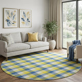 8' Yellow Navy Blue And Ivory Plaid Washable Round Rug With UV Protection