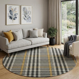 8' Black Ivory And Gold Plaid Washable Round Rug With UV Protection