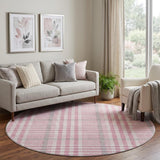 8' Blush Ivory And Gray Plaid Washable Round Rug With UV Protection