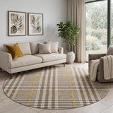 8' Brown Ivory And Gold Plaid Washable Round Rug With UV Protection