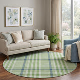 8' Green Ivory And Blue Plaid Washable Round Rug With UV Protection