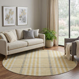 8' Gold Ivory And Gray Plaid Washable Round Rug With UV Protection