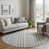 8' Gray Ivory And Blue Plaid Washable Round Rug With UV Protection