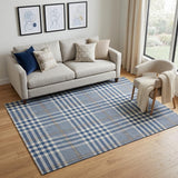 5' X 8' Navy Blue Ivory And Gray Plaid Washable Area Rug With UV Protection