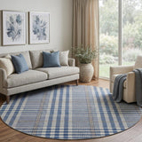 8' Navy Blue Ivory And Gray Plaid Washable Round Rug With UV Protection