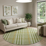 8' Olive Green Ivory And Gold Plaid Washable Round Rug With UV Protection