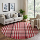 8' Red Ivory And Black Plaid Washable Round Rug With UV Protection
