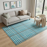 5' X 8' Teal Ivory And Gray Plaid Washable Area Rug With UV Protection