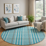 8' Teal Ivory And Gray Plaid Washable Round Rug With UV Protection