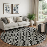 8' Black And Ivory Ogee Washable Round Rug With UV Protection