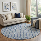 8' Denim Blue Ivory And Gray Ogee Washable Round Rug With UV Protection