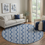 8' Navy Blue And Ivory Ogee Washable Round Rug With UV Protection