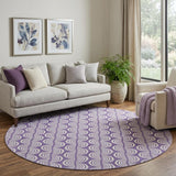 8' Purple And Ivory Ogee Washable Round Rug With UV Protection