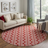 8' Red And Ivory Ogee Washable Round Rug With UV Protection