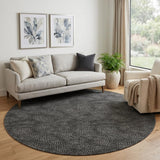 8' Black And Ivory Geometric Washable Round Rug With UV Protection