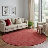 8' Red And Ivory Geometric Washable Round Rug With UV Protection