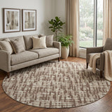8' Brown Beige And Ivory Abstract Geometric Washable Round Rug With UV Protection