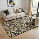 5' X 8' Black Ivory And Gold Abstract Geometric Washable Area Rug With UV Protection