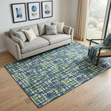 5' X 8' Navy Blue Ivory And Green Abstract Geometric Washable Area Rug With UV Protection