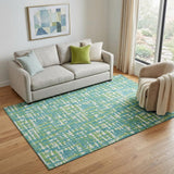 5' X 8' Turquoise Green And Ivory Abstract Geometric Washable Area Rug With UV Protection