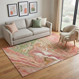 5' X 8' Coral Green And Peach Abstract Washable Area Rug With UV Protection