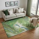 5' X 8' Green Blue And Ivory Abstract Washable Area Rug With UV Protection