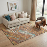 5' X 8' Khaki Blue And Copper Abstract Washable Area Rug With UV Protection
