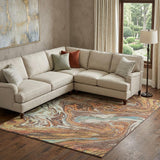 8' X 10' Khaki Blue And Copper Abstract Washable Area Rug With UV Protection
