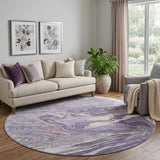 8' Lavender Gray And Ivory Abstract Washable Round Rug With UV Protection