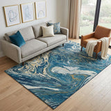 5' X 8' Navy Blue Gold And White Abstract Washable Area Rug With UV Protection