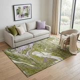 5' X 8' Olive Green Purple And Ivory Abstract Washable Area Rug With UV Protection