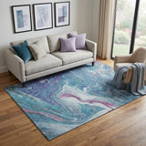 5' X 8' Teal Purple And Ivory Abstract Washable Area Rug With UV Protection
