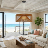 Natural And Black Rattan And Metal LED Dimmable Outdoor Hanging Pendent Light