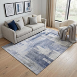 5' X 8' Denim Blue And Ivory Abstract Geometric Washable Area Rug With UV Protection