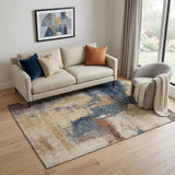 5' X 8' Gold Ivory And Blue Abstract Washable Area Rug With UV Protection