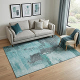 5' X 8' Teal Ivory And Charcoal Abstract Washable Area Rug With UV Protection