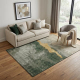 5' X 8' Fern Green And Gold Abstract Washable Area Rug With UV Protection