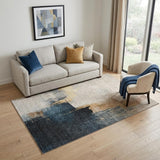 5' X 8' Taupe And Blue Abstract Washable Area Rug With UV Protection
