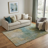 5' X 8' Artichoke Green Beige And Teal Abstract Washable Area Rug With UV Protection