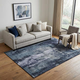 5' X 8' Navy Blue And Silver Abstract Washable Area Rug With UV Protection