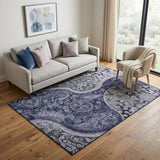 5' X 8' Navy Blue Charcoal And Gray Paisley Washable Area Rug With UV Protection