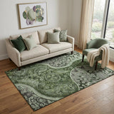 5' X 8' Olive Green Purple And Ivory Paisley Washable Area Rug With UV Protection