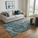 5' X 8' Teal Charcoal And Ivory Paisley Washable Area Rug With UV Protection