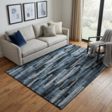 5' X 8' Blue Charcoal And Silver Striped Washable Area Rug With UV Protection