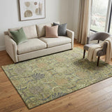 5' X 8' Artichoke Green Gold And Charcoal Damask Washable Area Rug With UV Protection