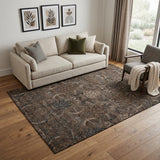 5' X 8' Chocolate And Gray Damask Washable Area Rug With UV Protection