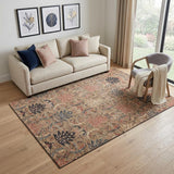 5' X 8' Khaki Gray And Salmon Damask Washable Area Rug With UV Protection